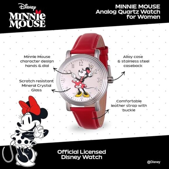 NWT - Disney Minnie Mouse Silver watch for ladies, Vintage style. Red leather st - Picture 15 of 16